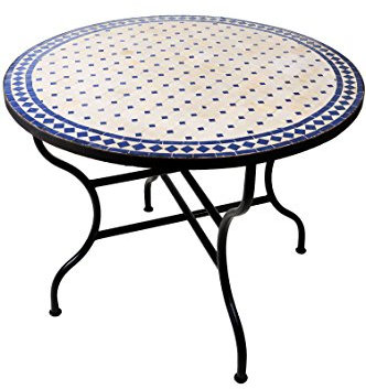 ORIGINAL Marokkanischer Mosaiktisch Gartentisch ø 100cm Groß rund klappbar | Runder klappbarer Mosaik Esstisch Mediterran | als Klapptisch für Balkon oder Garten | Marrakesch Natur Blau 100cm
