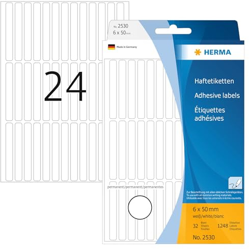 HERMA 2530 multifunktionsetiketter mini (6 x 50 mm, 32 ark, papper, matt) självhäftande, permanenta hushållsetiketter för handskriven märkning, 1 248 klistermärken, vit