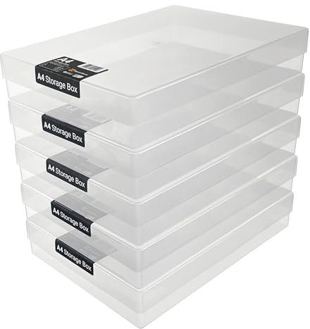 WestonBoxes A4 Plastic Craft Storage Boxes with Lids for Art Supplies, Paper and Card - 3.6 Litre Volume (Clear, Pack of 5)
