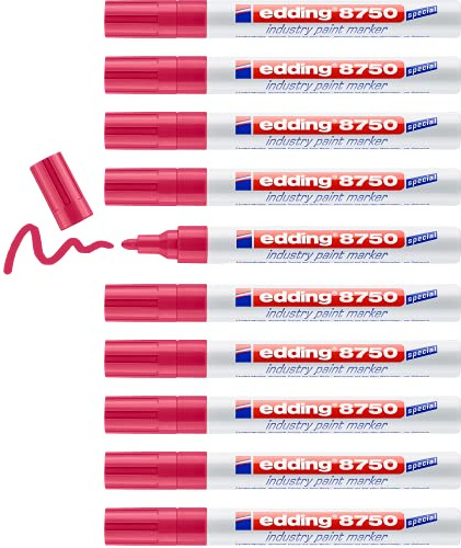 edding 8750 industry paint marker - rouge - 10 stylos - pointe ronde 2-4 mm - marqueur pour peinture pour écrire sur des surfaces poussiéreuses, légèrement huileuses, pneus, métal, verre et bois