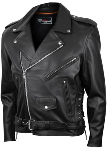 Vance Leather Mens Premium Cowhide Conceal Carry Insulated Liner and Side Laces Classic MC Motorcycle Biker Black Leather Jacket (Black, XX-Large)