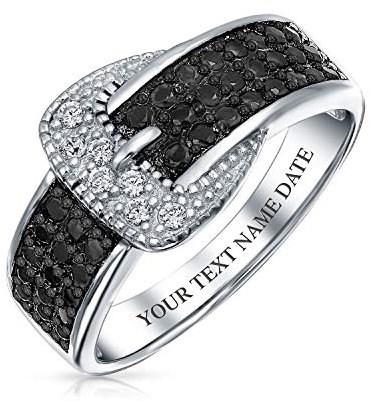 Bling Jewelry Personalisierter modischer Pavé-Zirkonia-Schwarz-CZ-Statement-Gürtelschnallen-Bandring aus Sterlingsilber mit individueller Gravur