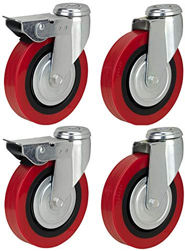 Bulldog Castors - Set di rotelle girevoli in poliuretano, per carichi pesanti, con freno e foro singolo per le viti di montaggio, max. 500 kg per set, diam. 125 mm