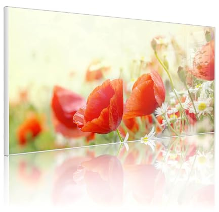banjado Magnettafel Metall 78 x 37cm - beschreibbare Magnettafel - Metall Pinnwand als Memoboard - Magnetwand Küche, Büro, Kinderzimmer Weiß inkl. 4 Magnete & Montageset - Motiv Kamille Und Mohn