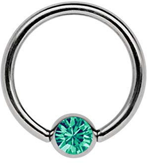 Titan Ring in 1,6 x 12 mm als Lippenbändchen Piercing mit flachem Stein in 4 mm Ø, grün-türkis