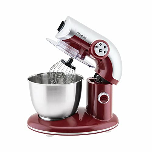 H.Koenig KM80 Robot de cocina profesional Multifunción 5.5L Acero Inoxidable Rojo, Robot pastelero de 4 Velocidades, Batidor, Mezclador, Gancho Amasador, Tapa Antisalpicaduras, Potente 1000W