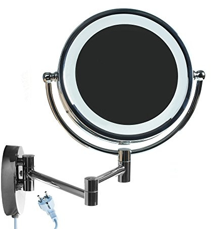 HIMRY® LED Cosmética Espejo de Pared 8,5 Pulgadas 10x Aumentos, con Luz y Brazo Articulado, Metal Cromado Plegable Espejo para Pared, 360° Rotación, Cara Doble: Estándar + 10x Aumentos. KXD3132-10x