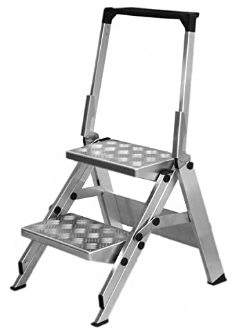 Little Jumbo Trittleiter mit Sicherheitsbügel - Klapptreppe Made in Germany - flaches Klappmaß und breite Stufen (Alu-Quintett Belag, 2-stufig)