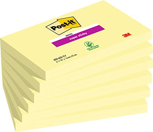 Post-it Super Sticky Notes Kanariengelb, Packung mit 6 Blöcken, 90 Blatt pro Block, 76 mm x 127 mm, Farbe: Gelb - Extra-stark klebende Notizzettel für Notizen, To-Do-Listen und Erinnerungen