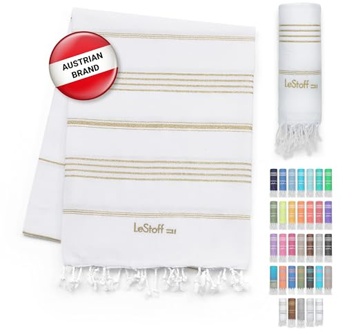 LeStoff Hamamtuch - 100% Bio-Baumwolle, 95 x 180 cm, Vorgewaschen, Saugstark, Schnelltrocknend, Leicht, Schick, Glitzer, Badehandtuch Damen, Strandtuch Damen, Badetuch groß (Weiss - Gold)