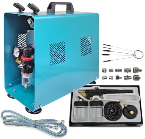 Airbrush Set Duo-Power II-C Das Airbrush-Kit mit Doppel/Zweizylinder Airbrush-Kompressor Airbrush-Pistole Single-Action-Gun 138D, Airbrush-Schlauch Reinigungsbürsten, Adapter Set