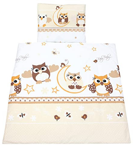 TupTam Unisex Baby Wiegenset 4-teilig Bettwäsche-Set: Bettdecke und Kopfkissen mit Bezug, Farbe: Eulen Beige, Größe: 80x80 cm