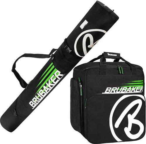 BRUBAKER Kombi Set Champion Skisack und Skischuhtasche für 1 Paar Ski bis 170 cm + Stöcke + Schuhe + Helm Schwarz Grün