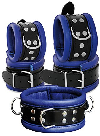 HQ Bondage BDSM Leder Set Fesselset gepolstert blau | High Quality inkl Leder Handfesseln Leder Fußfesseln und einem Leder Halsband