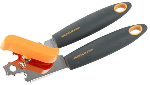 Fackelmann Soft Abrelatas Manual, Abridor de Latas de Conserva con Doble Mango, Agarre Cómodo con Mango Ergonómico y Antideslizante, Color Gris y Naranja, 19cm, 1ud.