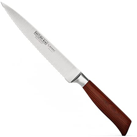 Burgvogel Solingen Natura Line, Tranchiermesser Holzgriff, rot satiniert, geschmiedet, 20 cm mit Wellenschliff, sehr scharfes Schinkenmesser rostfrei, Made in Germany