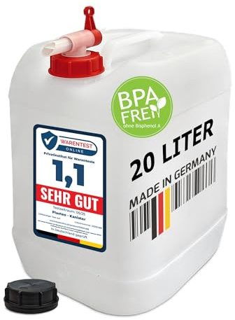 plasteo Wasserkanister 20L mit Hahn - BPA Frei, Lebensmittelecht | Schraubbarer Auslaufhahn, extra Schraubdeckel, stabiler Griff - Made in Germany, 100% recycelbar