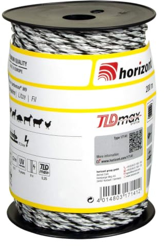 horizont Weidezaunlitze turbomax® W9, 200 m lang, weiß, 9X 0,25 mm TBmax-Leiter, 200 kg Bruchlast, für Lange bis sehr Lange Zäune mit starkem Bewuchs, Weidezaunband, Breitband Litze, Elektrozaun