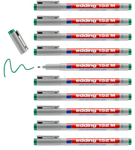 edding 152 M stylo non-permanent - vert - 10 stylos - plume ronde 1 mm - stylo pour écrire sur le verre, le plastique, les films et les surfaces lisses - séchage rapide, peut être corrigé à l'eau
