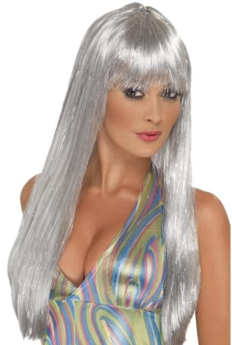 Smiffys Glitzer-Disco Perücke, Silber, Lang, Glatt mit Pony Halloween