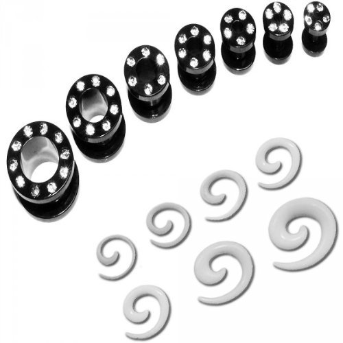 SoulCats Flesh Tunnel Set Tunnelset Dehnset Dehner Straß Kristall schwarz Silber Gold, Auswahl: Set Tunnel schwarz & Schnecke weiß