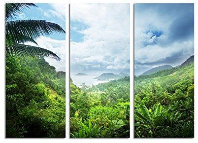 Paul Sinus Art 130x90cm – Keilrahmenbild grüner Dschungel Seychellen Insel 3teiliges Wandbild auf Leinwand und Keilrahmen - Fotobild Kunstdruck Artprint