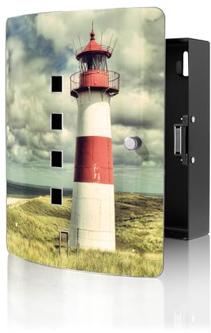banjado Design Schlüsselkasten aus Edelstahl für 10 Schlüssel - Schlüsselschrank zur Schlüssel Aufbewahrung 24 x 21,5 x 7cm groß mit praktischem Magnetverschluss - Motiv Leuchtturm Sylt