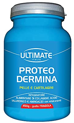 Ultimate Italia - Proteo Dermina - 450g - fragola - Integratore di collagene e acido ialuronico per mantenere la pelle giovane e supportare cartilagini, legamenti e tendini