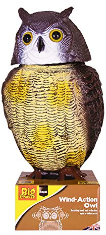 The Big Cheese Wind-Action Owl Realistic, Humane Decoy Deterrent, Scares Birds from Gardens, Boats, and Vulnerable Buildings with Rotatable Head and Reflective, Life-Like Eyes