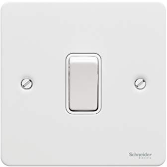 Schneider Electric Ultimate Flat Plate - Single 2 Way Light Switch, Single Pole, 16AX, GU1212WPW, Painted White with White Insert