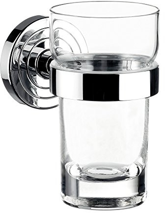 Emco Polo Glashalter mit 1 Glas, eleganter Zahnbürstenhalter zur Wandmontage, hochwertiger Zahnputzbecher aus Metall und Kristallglas, chromfarben und klar, Edelstahloptik