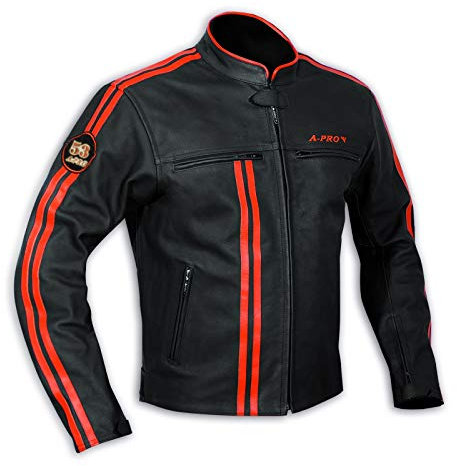 A-Pro Giacca in pelle da uomo, Biker, per Motocicletta, Protezioni certificate CE, Arancione, L