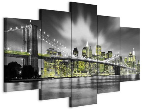 B&D XXL - Wandbilder XXL Skyline Manhattan 100x50cm 5 tlg - Wand Deko Leinwand Bilder Groß Wanddeko Wohnzimmer Schlafzimmer Kunstdrucke - New York City in der Nacht Panorama
