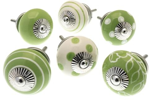 Vintage-Chic MG-220-A Türknauf-Set aus Keramik, Verschiedene Designs, Grün und Weiß, 6 Stück