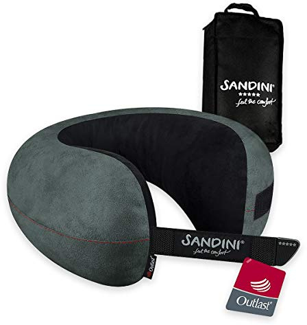 SANDINI TravelFix Plus Size Outlast – Premium Reisekissen Made in EU/Nackenkissen mit ergonomischer Stützfunktion und Temperaturausgleich – Gratis Transporttasche mit Befestigungs-Clip - Made in EU