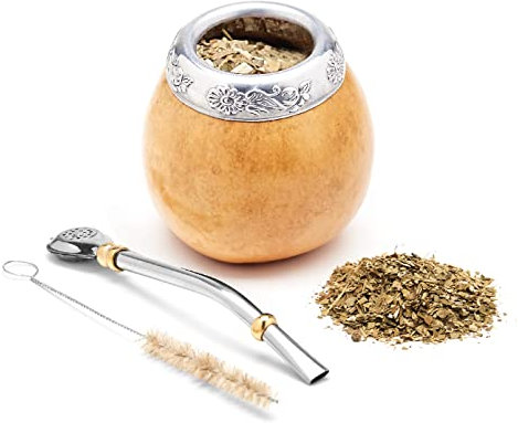 BALIBETOV Kit Tasse à Maté | Calebasse Naturelle + Paille Bombilla + Goupillon | Idéal pour Boire le Yerba Maté | Gourde Fabriquée à la Main en Argentine