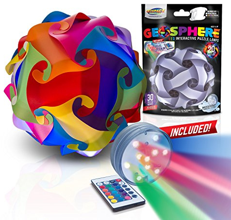 GEOSPHERE 12 Inch Diameter 30 Piece Rainbow Assorted Colored Puzzle Lamp Kit with 20-Mode LED Light, Hanging Cord & Instructions - Hang in Any Room or Outdoor Deck or Patio
