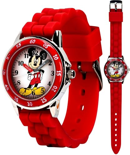 Disney Mickey Mouse Kids Analog Watch with Time Teaching Hands, Easy-Read Number Dial, Durable Red Silicone Strap, Water Resistant, Fits Wrists 5.5–8