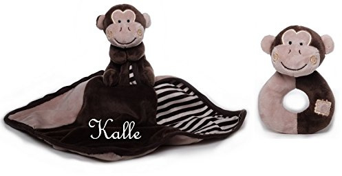 Baby Kuscheltuch Affe mit Namen bestickt + Rassel Greifling