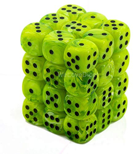 Chessex Dice d6 Sets: Vortex Bright Green with Black - 12mm Six Sided Die (36) Block of Dice