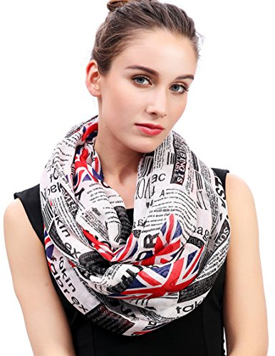 Lina & Lily tubhalsduk loop sjal med tryck av tidning och union jack (Vit)