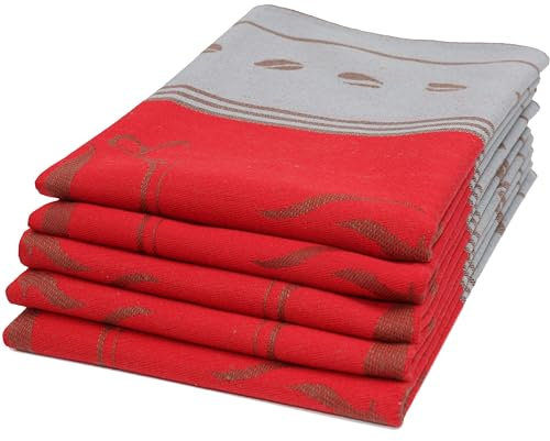 ZOLLNER 5er Set Geschirrtücher, 50x70 cm, Baumwolle, Kaffee Motiv, rot
