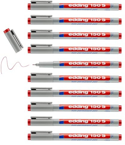 edding 150 S stylo non-permanent - rouge - 10 stylos - plume ronde 0,3 mm - stylo pour écrire sur le verre, le plastique, les films et les surfaces lisses - séchage rapide, peut être corrigé à l'eau