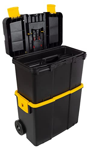 Portable Tool Box with Wheels - Stackable 2-in-1 Tool Chest with Fold-Down Comfort Handles, Tough Latches, and Removable Storage Trays by Stalwart