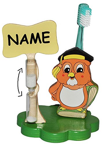 alles-meine.de GmbH Zahnputzuhr/Zahnbürstenhalter - Eule mit Buch incl. Namen - mit Sanduhr + Zahnbürste - aus Holz - für Kinder/zum Zähneputzen für 1 Minute - Badezimmer Bad..