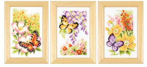 Vervaco Gezählter Kreuzstich Stickpackungen DIY Stickbilder Blumen & Schmetterlinge 3er Wanddekoration Handarbeit Set für Erwachsene Zählmusterpackung ca. 8 x 12 cm Kreuzstichbilder Set Hausdeko