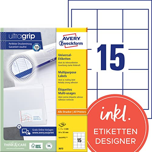AVERY Zweckform 3672 Adressaufkleber (1.500 Klebeetiketten, 64x50mm auf A4, Papier matt, individuell bedruckbare Absenderetiketten, selbstklebende Adressetiketten mit ultragrip) 100 Blatt, weiß