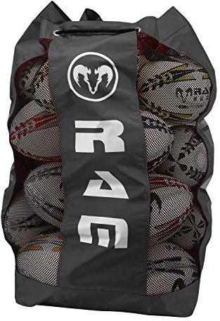 Ram Rugby - Breathable Rugby Ball Bag - Holds 16 x Size 5 Balls – Durable Nylon Mesh Storage with Adjustable Strap & Drainage Hole – Large Sports Equipment Bag for Rugby, Football, Soccer – Dark Grey