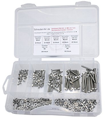Sortiment Edelstahl V2A Schrauben DIN 933, Muttern sechskant DIN 934 und Scheiben DIN 125, Sechskantschrauben mit Gewinde bis Kopf M3 alles in A2, VA bzw. Nirosta, 400 Teile