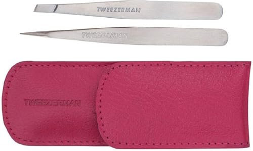 Tweezerman Pink Petite Tweezer Set, Includes a Mini Pair of Slant & Point Tweezers, and a Pink Protective Travel Case, (Pack of 3)